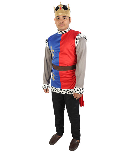 HPO Men's King Arthur Multicolor Costume | Medieval Royal Prince Fleur-de-lis Tunic Fabric Cape Mock Chainmail Sleeves Crown Set | Youth Camelot Cosplay Historic Pageant Theater Performance Costume Events
