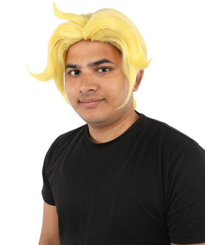 Men's Golden Blonde Curtain Bang Wig | Shoulder Length Wavy Surfer Style, Heat Resistant Synthetic Fiber & Breathable Net | Halloween, Funny Roleplay, Theater, 90s Party & Costume Events
