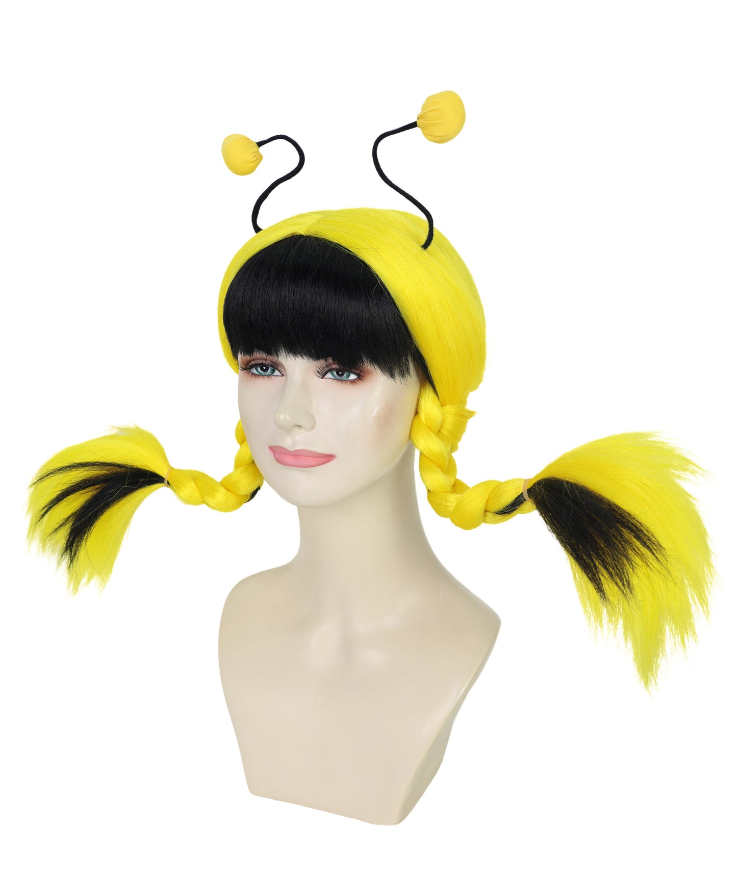 HPO Adult Women's Bee Mine Wig | Black and Yellow Striped Bob Wig with Antenna Headband for Women and Teens | Perfect for Bee Costumes, Halloween, Festivals Events