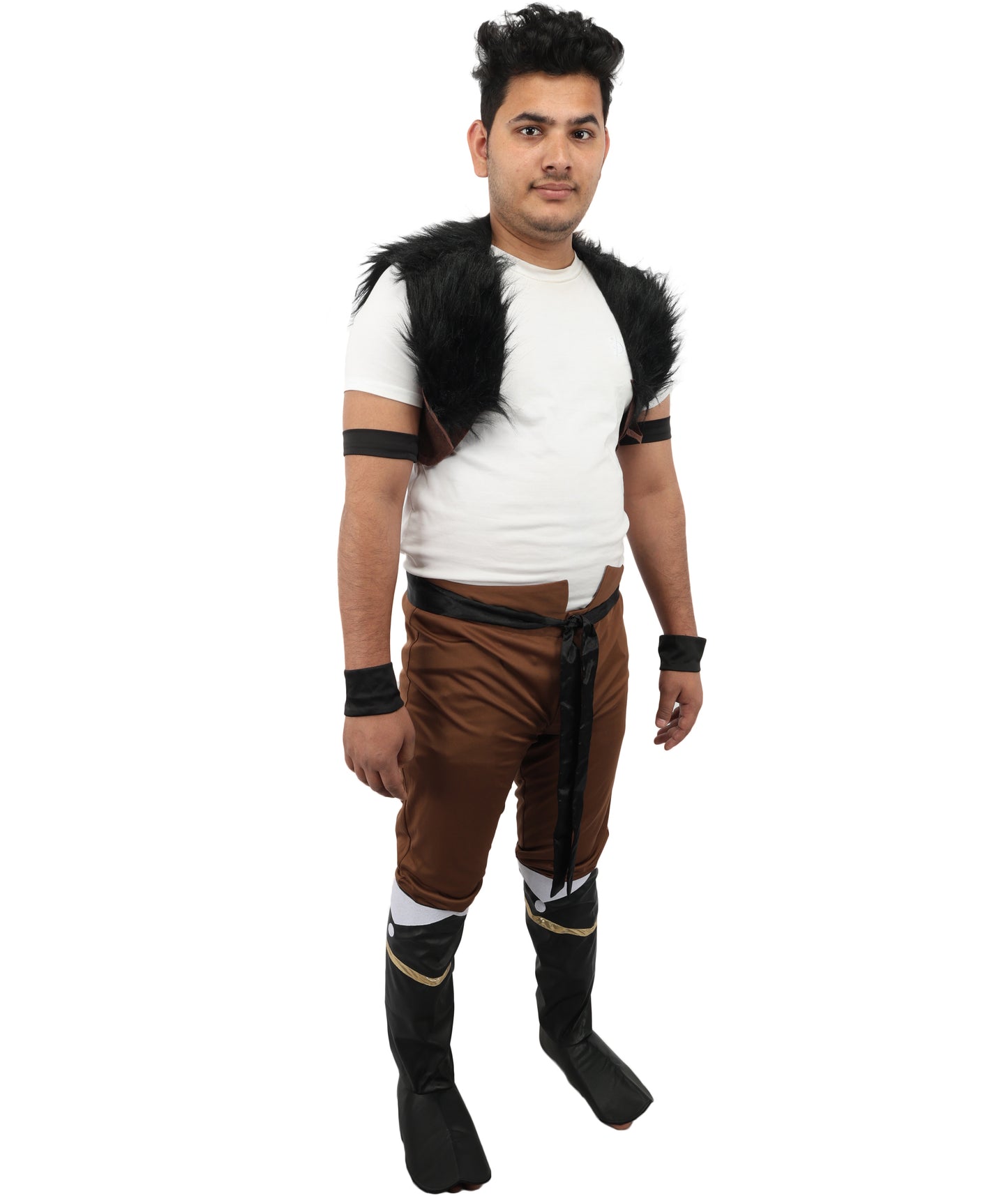 HPO Men's Anime Beast Fighter Suit | Brown and black fur ronior jersey construction featuring a curi, dress, belt, and leg socks | Ideal for party, Halloween, cosplay, theater, drag, performance, costume events