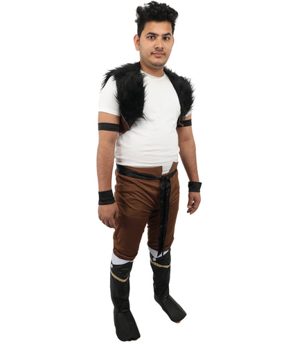 HPO Men's Anime Beast Fighter Suit | Brown and black fur ronior jersey construction featuring a curi, dress, belt, and leg socks | Ideal for party, Halloween, cosplay, theater, drag, performance, costume events