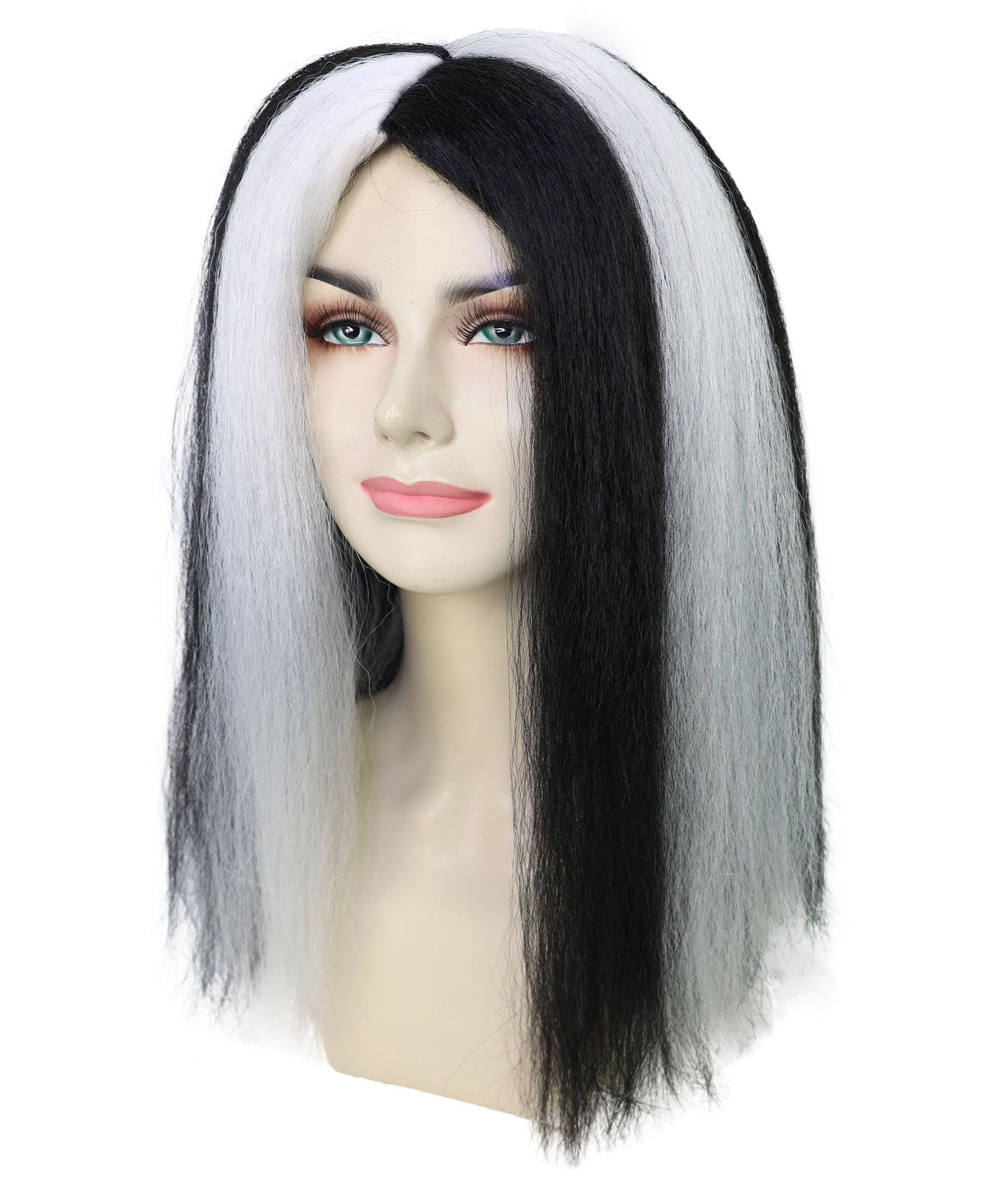 HPO Women’s Sinister-Inspired Long Black & White Wig | Dramatic Halloween Hairstyle | Breathable Capless Cap