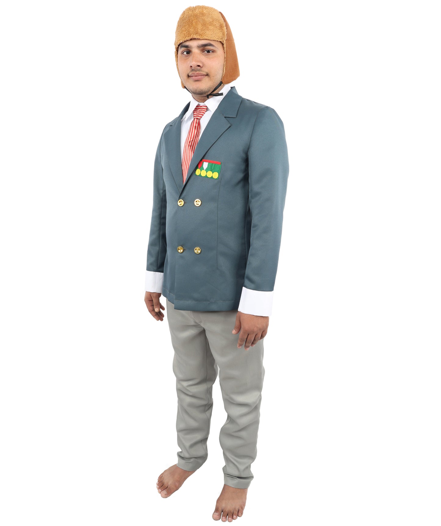 HPO Unisex Vintage Aviator Costume – Blue Blazer with Grey Pant, Mock Shirt Front, Bow Tie, Scarf & Trousers | Party Suit for Visual Scenes