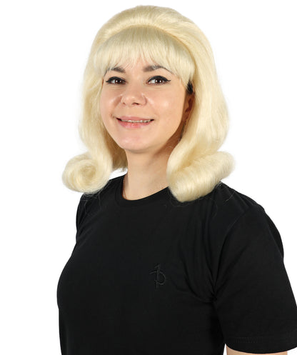 HPO Adult Woman 60's Flick-Up Blonde Wig – Retro Flipped Bob for Vintage & Costume Parties,Premium Breathable Capless Cap with Flame Retardant Synthetic Fiber Hair