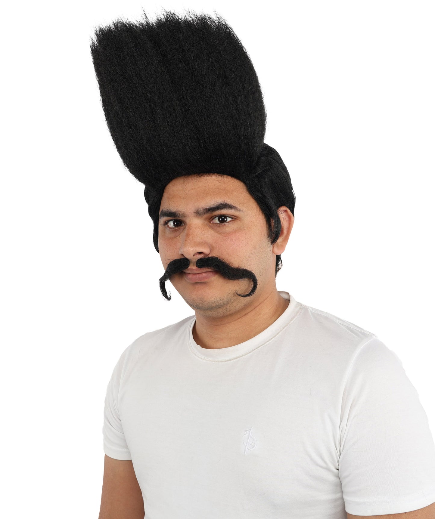 HPO Men's Tall Flat Top Wig and Mustache | Vertical Dark Pompadour with Long Handlebar Facial Hair, Synthetic Fiber & Breathable Net | Halloween, Carnival, Stage Performance & Roleplay