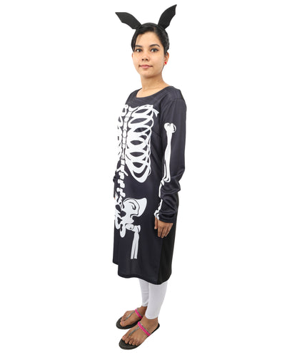HPO Women's Halloween Skeleton Black & White Costume - Funny Long Sleeve Midi Dress, Black