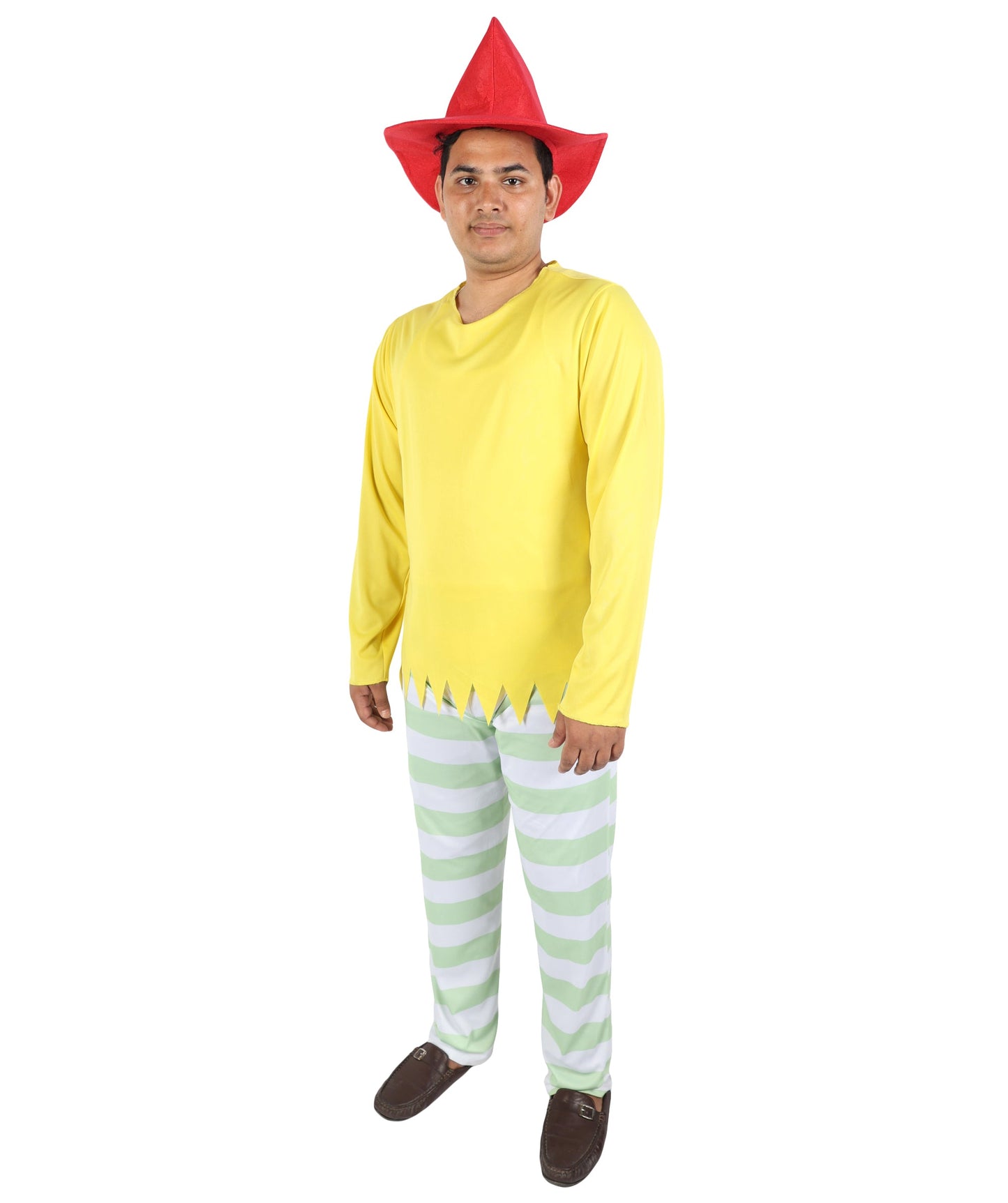 Whimsical Multicolor Character Costume | Men’s Striped Top, Hat & Pants Set | Playful Outfit for Halloween, Cosplay, Parties & Roleplay