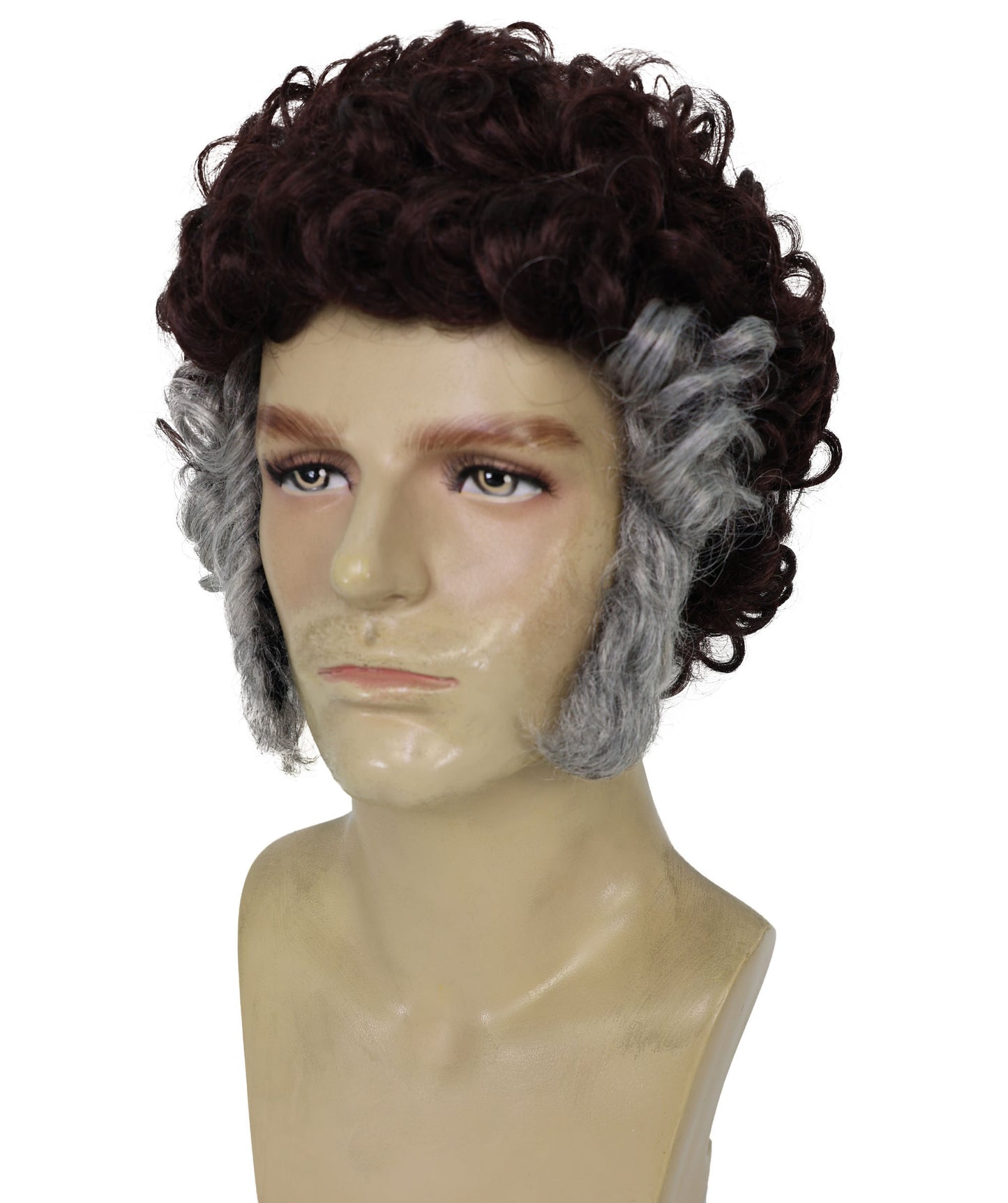 HPO Men’s Brown Curly Retro Wig Set with Grey Sideburns | Funny Pastor Cosplay Hair for Halloween, Cons & Comedy Dress-Up Parties | Capless Cap Design