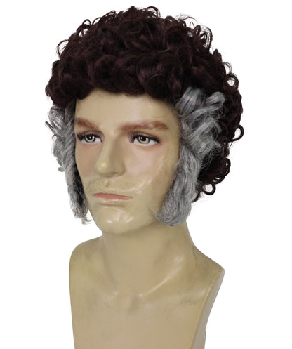 HPO Men’s Brown Curly Retro Wig Set with Grey Sideburns | Funny Pastor Cosplay Hair for Halloween, Cons & Comedy Dress-Up Parties | Capless Cap Design