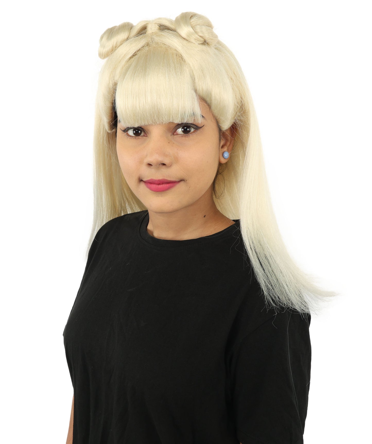 HPO Women's Brown & Pink Half Updo Bangs Wig | Create of synthetic fiber, blunt fringe with top bow, breathable base | Party, Halloween, theater, drag, performance, costume events