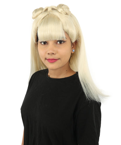 HPO Women's Brown & Pink Half Updo Bangs Wig | Create of synthetic fiber, blunt fringe with top bow, breathable base | Party, Halloween, theater, drag, performance, costume events