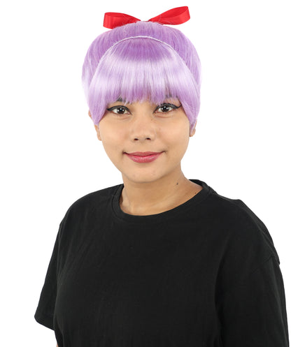 HPO Women's Spiral Ponytail Wig | Multicolor Options | High Updo with Red Ribbon Bow & Bangs, Heat Friendly Synthetic Fiber & Breathable Cap | Halloween, Christmas Event, Themed Party, Theater & Roleplay