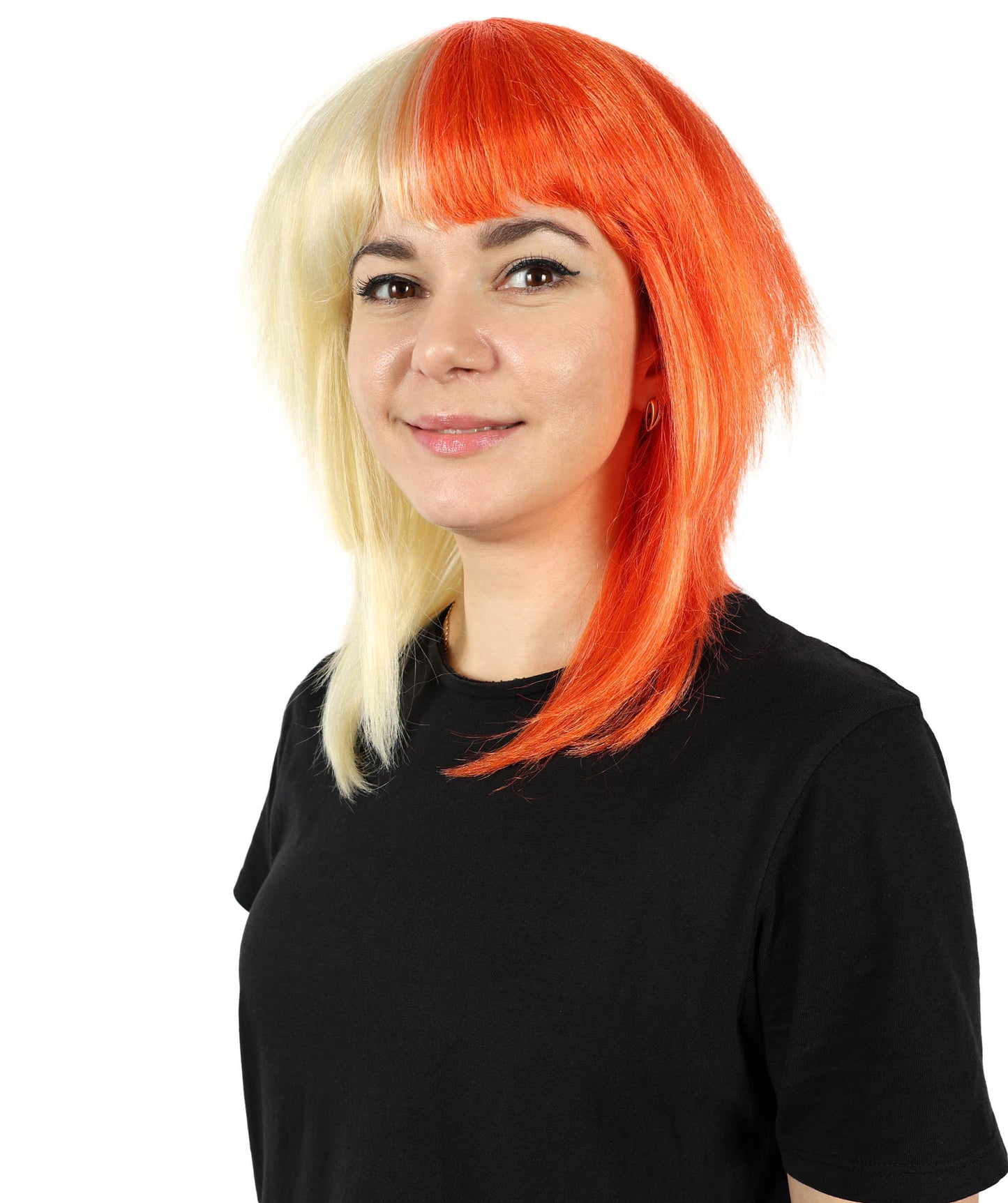 HPO Women’s Two-Tone Red and Blonde Mullet Wig | Edgy Shaggy Cut Cosplay & Fashion Wig | Retro-Inspired Rocker Wig with Layers and Bangs | Synthetic Fiber