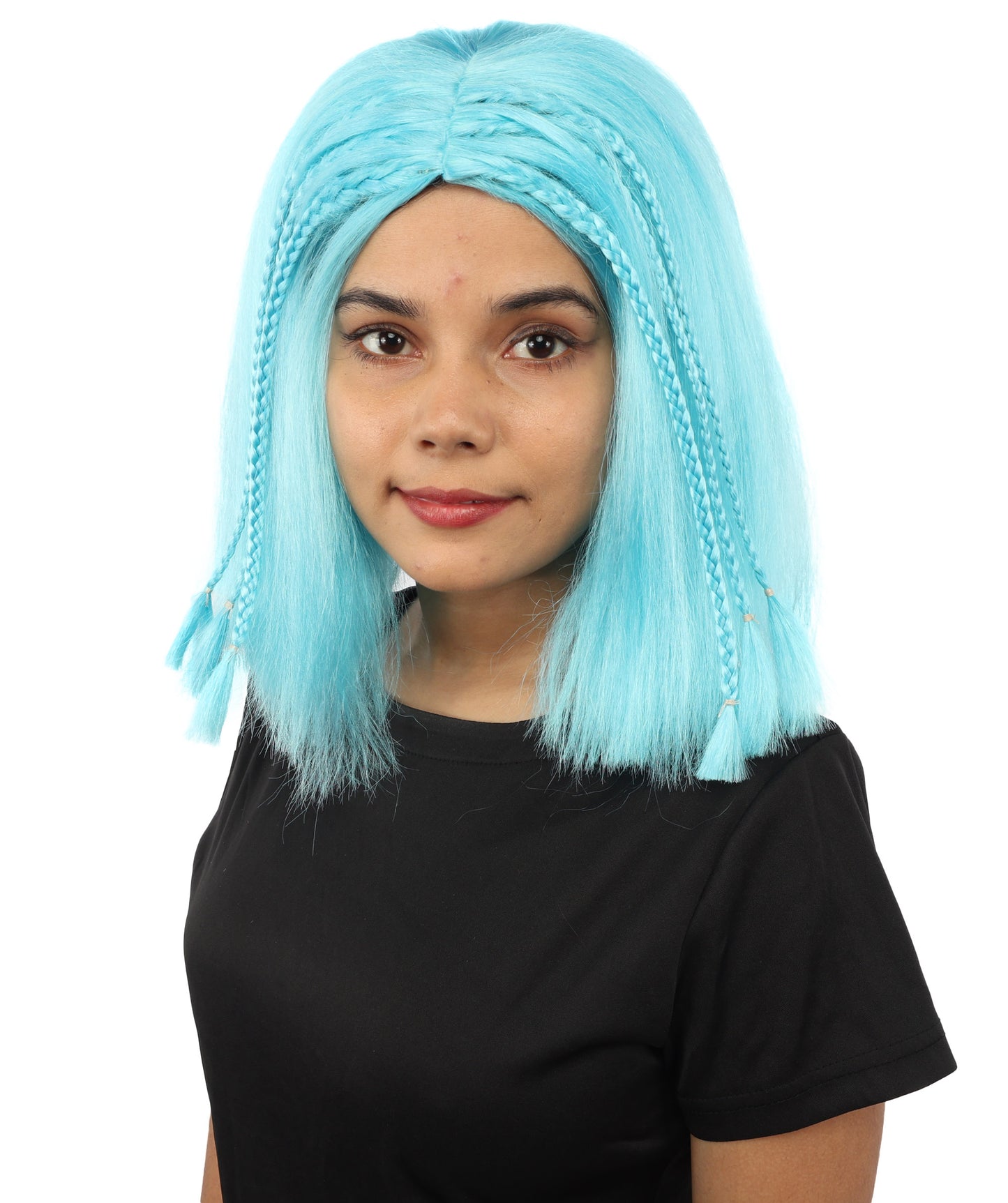 HPO Celebrity-Style 11 Inch Green Rooted Blonde Front Braided Straight Wig | Shoulder-Length Fun, Bold, and Stylish Hairpiece  | Ideal for Halloween, Cosplay, and Themed Parties