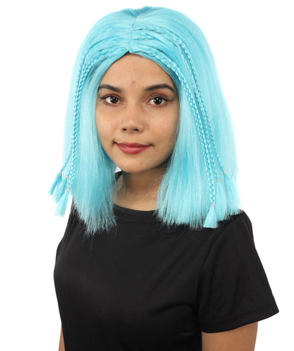 HPO Celebrity-Style 11 Inch Green Rooted Blonde Front Braided Straight Wig | Shoulder-Length Fun, Bold, and Stylish Hairpiece  | Ideal for Halloween, Cosplay, and Themed Parties