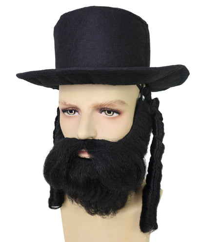HPO Adult Men’s Traditional Beard & Hat Set with Side Curls | Fun Adult Costume Accessory | Flame-retardant Synthetic Fiber
