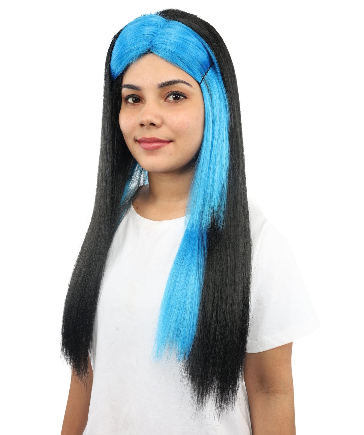 HPO Women’s Black & Royal Blue Long Marji-Inspired Wig with Soft Front Bangs | Art School Cosplay Wig | Breathable Synthetic Fiber for Halloween & Costume