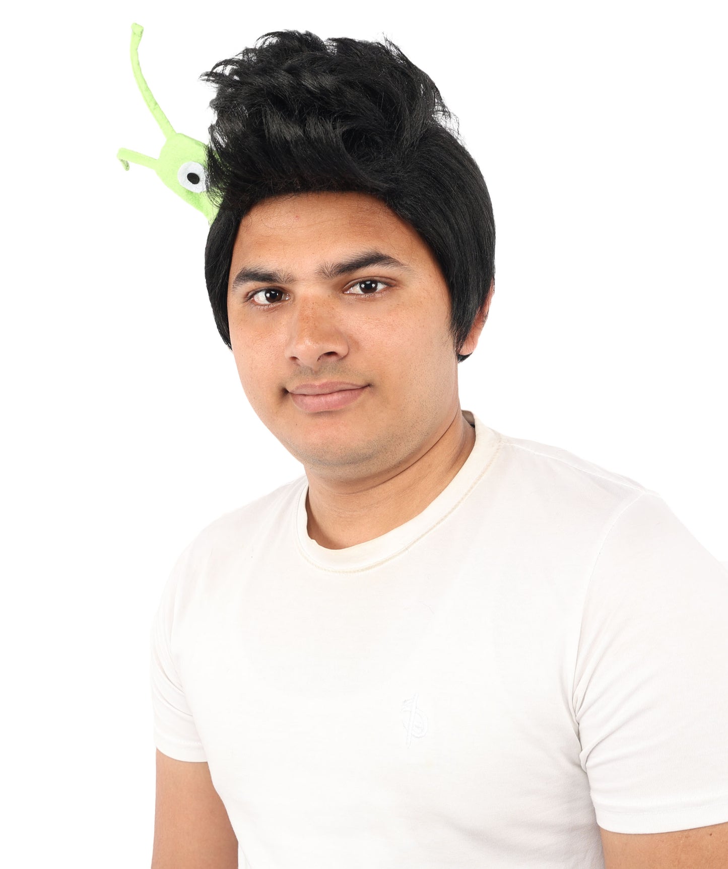 HPO Men's Brain Slug Orange Wig | Medium Spiked Synthetic Hair with Attached Green Alien Plush and Messy Texture | Sci-Fi Cosplay, Halloween, Cartoon Theme Party, and Funny Costume Accessories