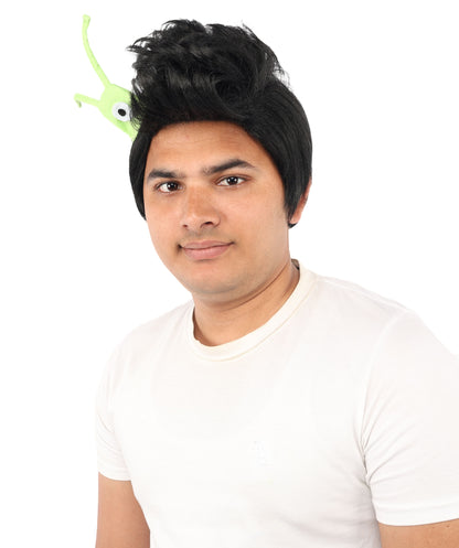 HPO Men's Brain Slug Orange Wig | Medium Spiked Synthetic Hair with Attached Green Alien Plush and Messy Texture | Sci-Fi Cosplay, Halloween, Cartoon Theme Party, and Funny Costume Accessories