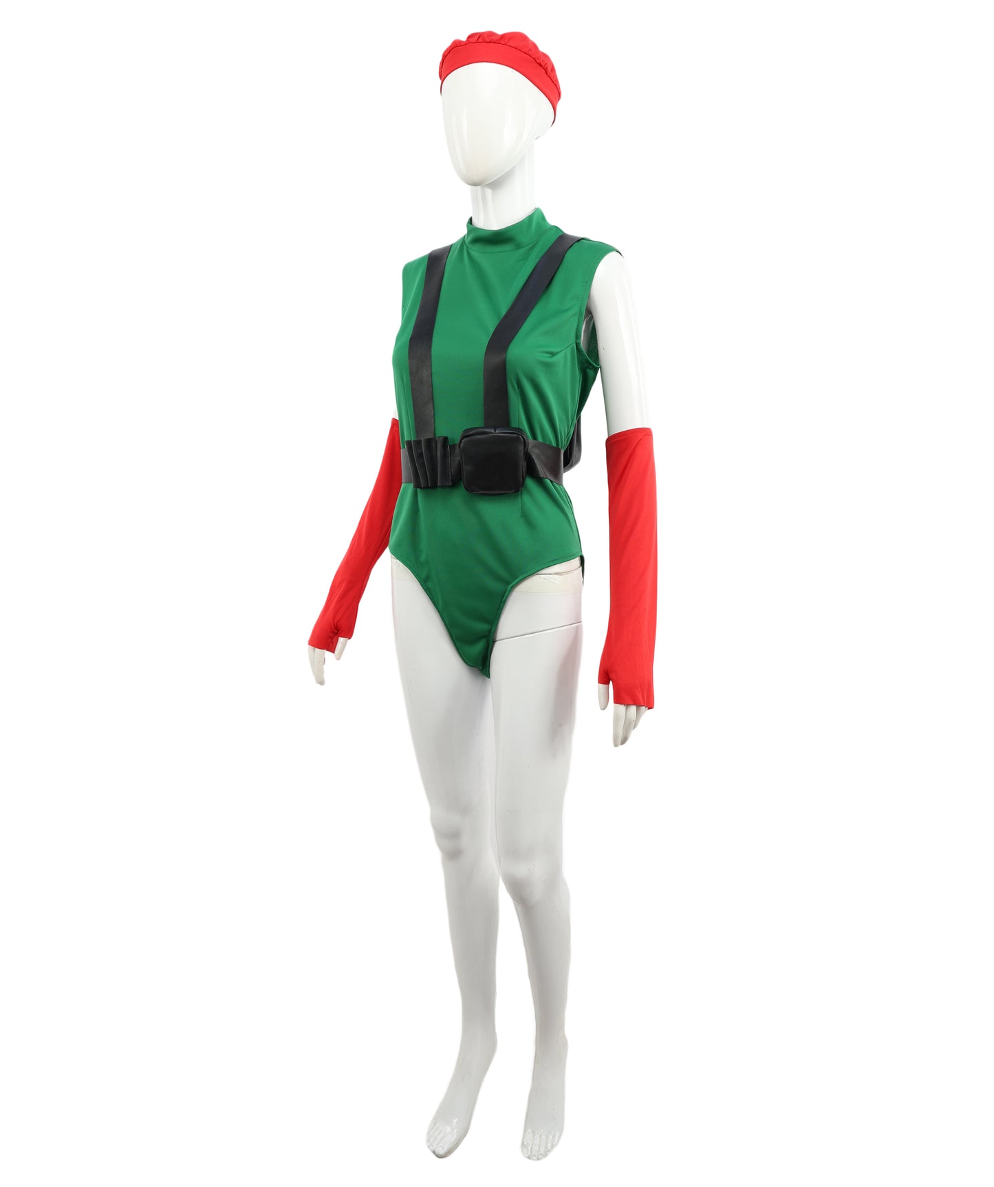 HPO Adult Elite Female Fighter Outfit | Green Bodysuit with Red Beret, Gloves & Black Belt Holster | Cosplay, Halloween & Role Play