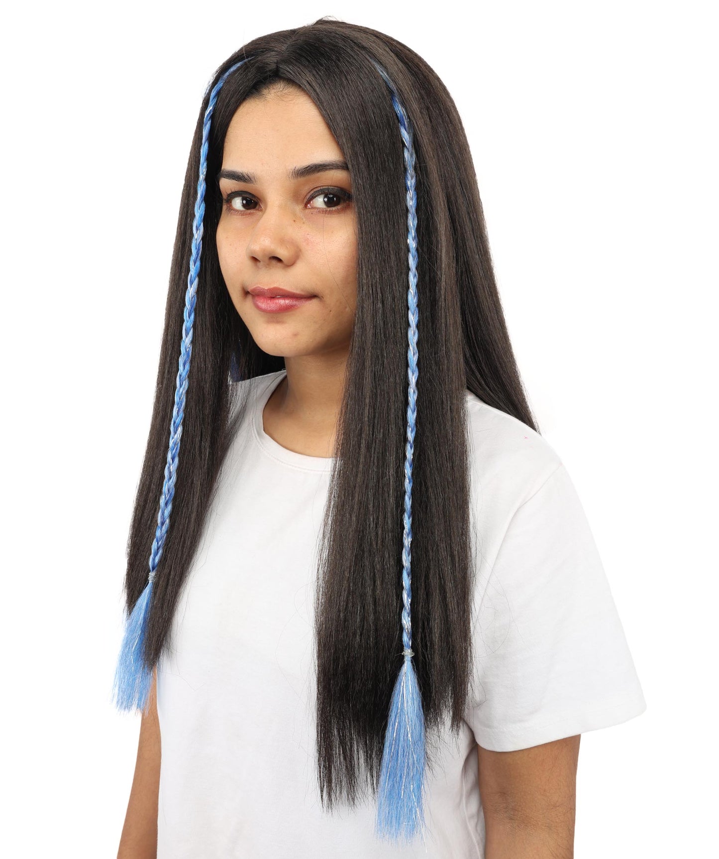 HPO Women's Sparkling Blue Tinsel Extension | Vibrant metallic blue hue, create of synthetic fiber and tinsel, long shimmering texture, clip-in base | Party, Halloween, theater, drag, performance, costume events