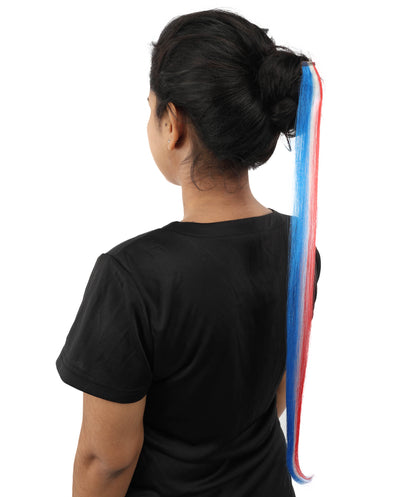 HPO Women's International Clip-in Hair Extension | Sleek red, white, and blue synthetic fibers featuring a secure snap attachment | Ideal for party, Halloween, cosplay, theater, drag, performance, costume events
