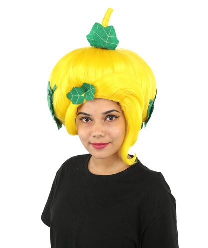 HPO Adult Women's Sculpted Pumpkin Show Wig | Multiple Color Options | Create of synthetic fiber, massive spherical updo with green leaf accents, breathable base | Halloween, theater, drag, performance, party, costume events