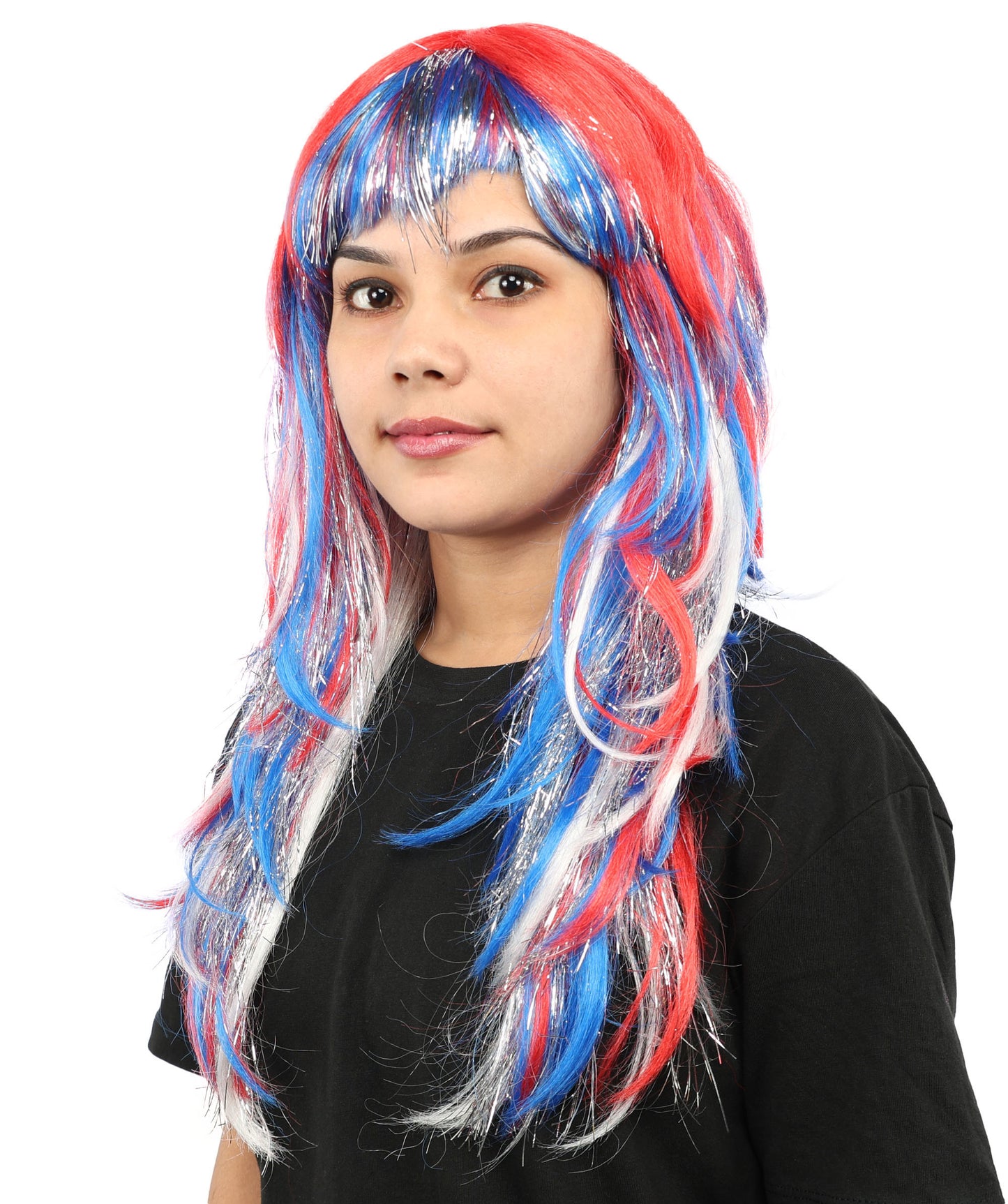 HPO Women's Patriotic Long Wig | Multi Color Hairpiece | Adjustable Inner Straps Cap for Parades, Holidays & Theme Events