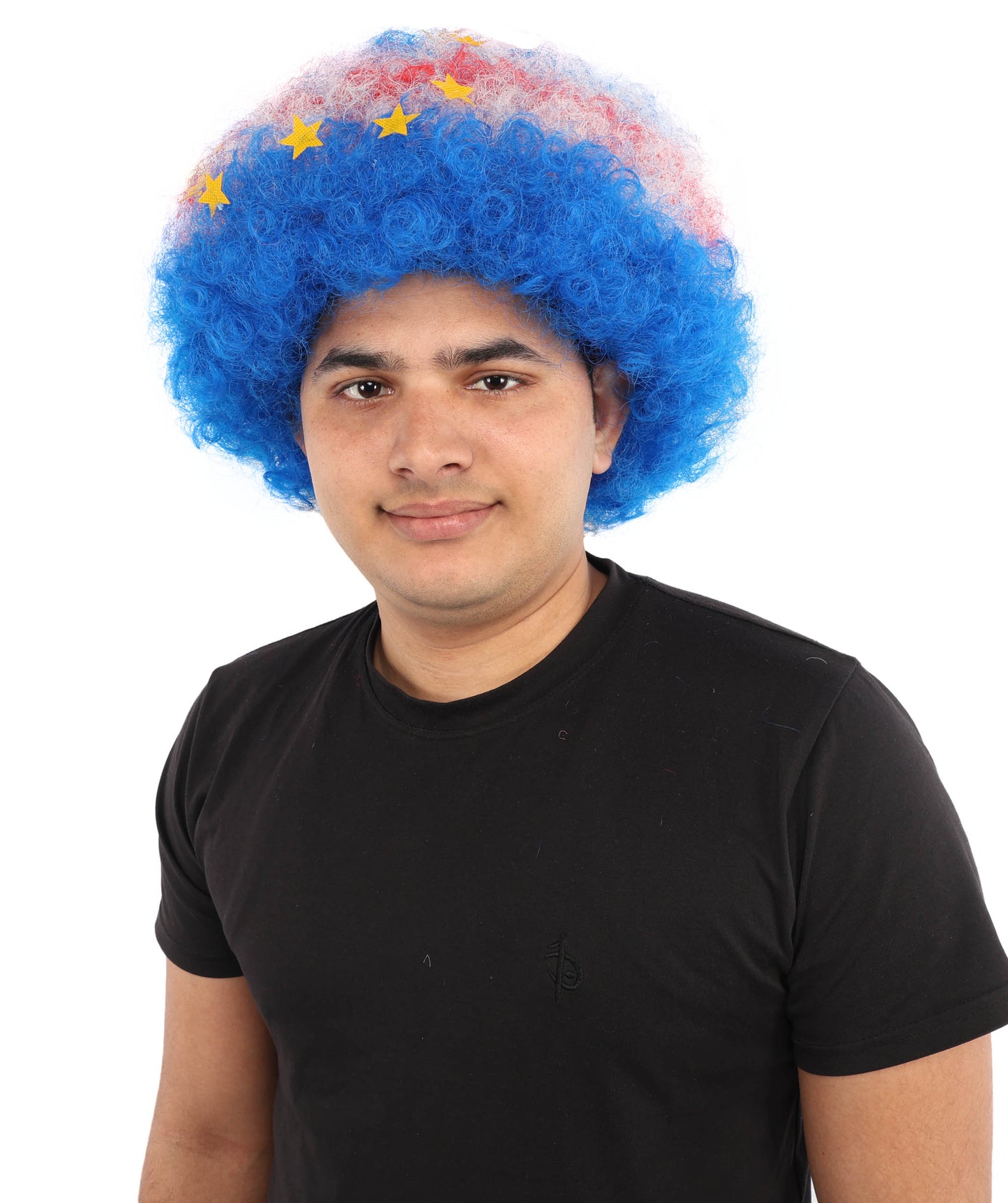 HPO Unisex Cabo Verde Sports Clown Wig – Curly Flag-Themed Wig for Football Fans & Parades  | Synthetic Fiber Headpiece with Standard Cap