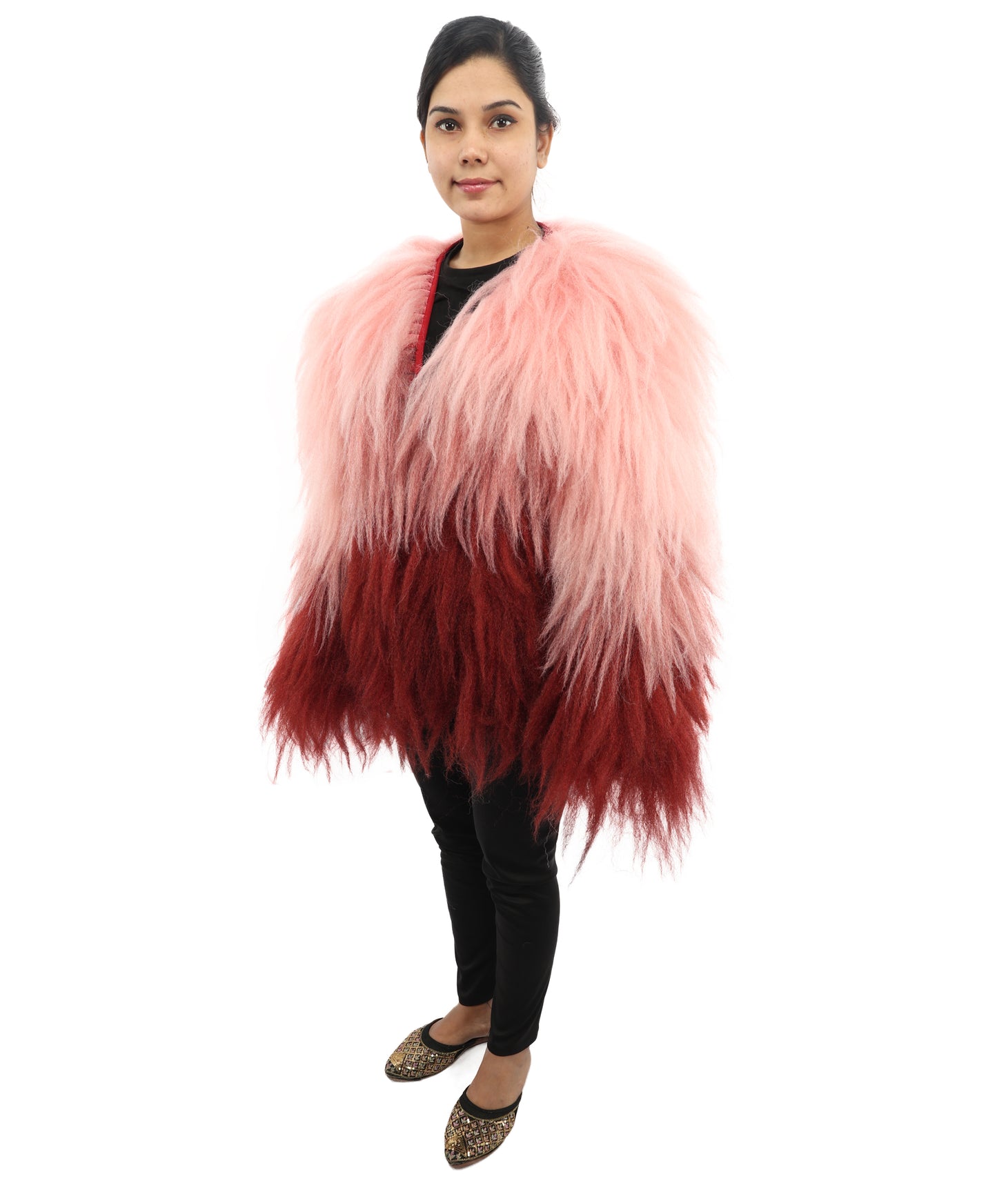 HPO Women's Pink & Merun Ombre Shaggy Costume Coat | 30 Inch Long Synthetic Hair Kpop Idol Jacket | Party Halloween Cosplay Music Video Performance Events