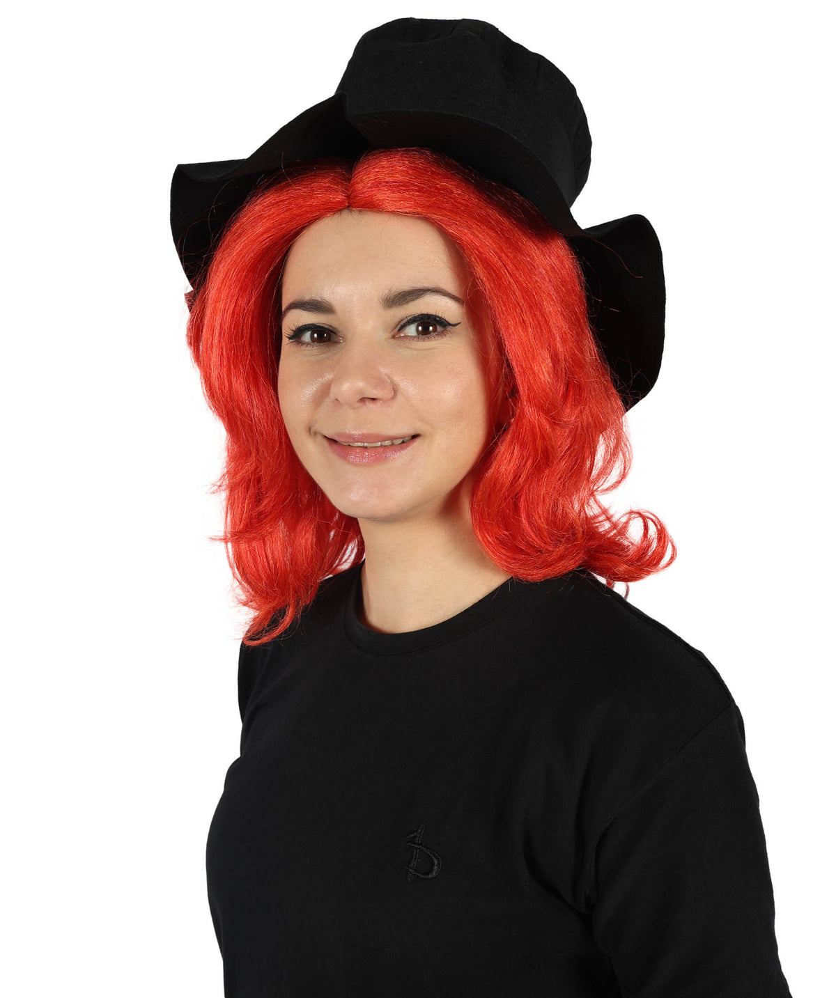 HPO Women's Elegant Gothic Orange Wig and Black Hat–Dark Chic Hairpiece Inspired by Modern Quirk, Premium Breathable Capless Cap