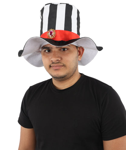 HPO Men's Striped Circus Mini Hat | Black and White Pattern with Red Ribbon and Gothic Cameo | Ideal for Halloween, Theater, Drag, and Carnival Performance Events
