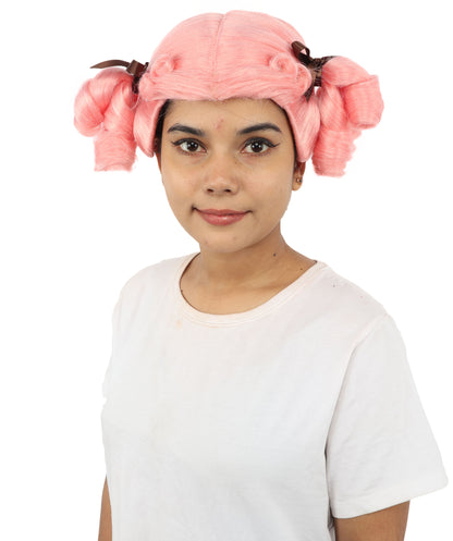 HPO Women's Golden White Mixed Curly Pigtail Wig | Messy Ringlet Twin Tails with Attached Fabric Ribbons, Synthetic Fiber & Breathable Cap | Halloween, Movie Character Roleplay, Costume Party & Theater