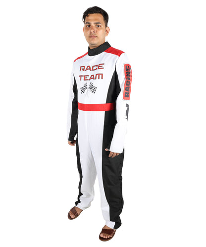 HPO Men’s Racing-Themed Costume | Black, White & Red Jumpsuit with Gloves | RONIOR Fabric 3-in-1 Outfit for Performance & Cosplay