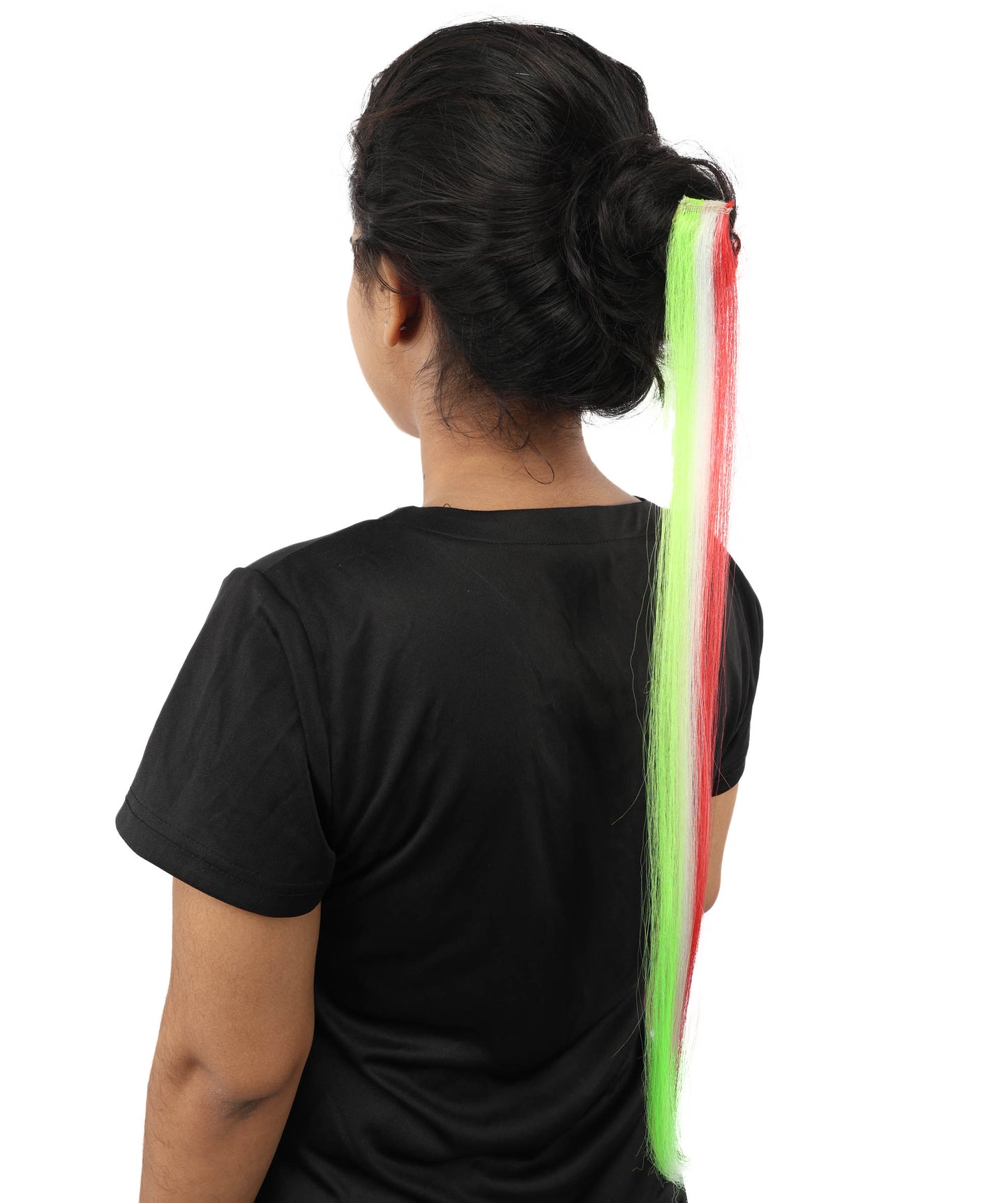 HPO Women's Clip-in Hair Extension | Sleek straight green, white and red synthetic fibers featuring a secure snap attachment | Ideal for party, Halloween, cosplay, theater, drag, performance, costume events