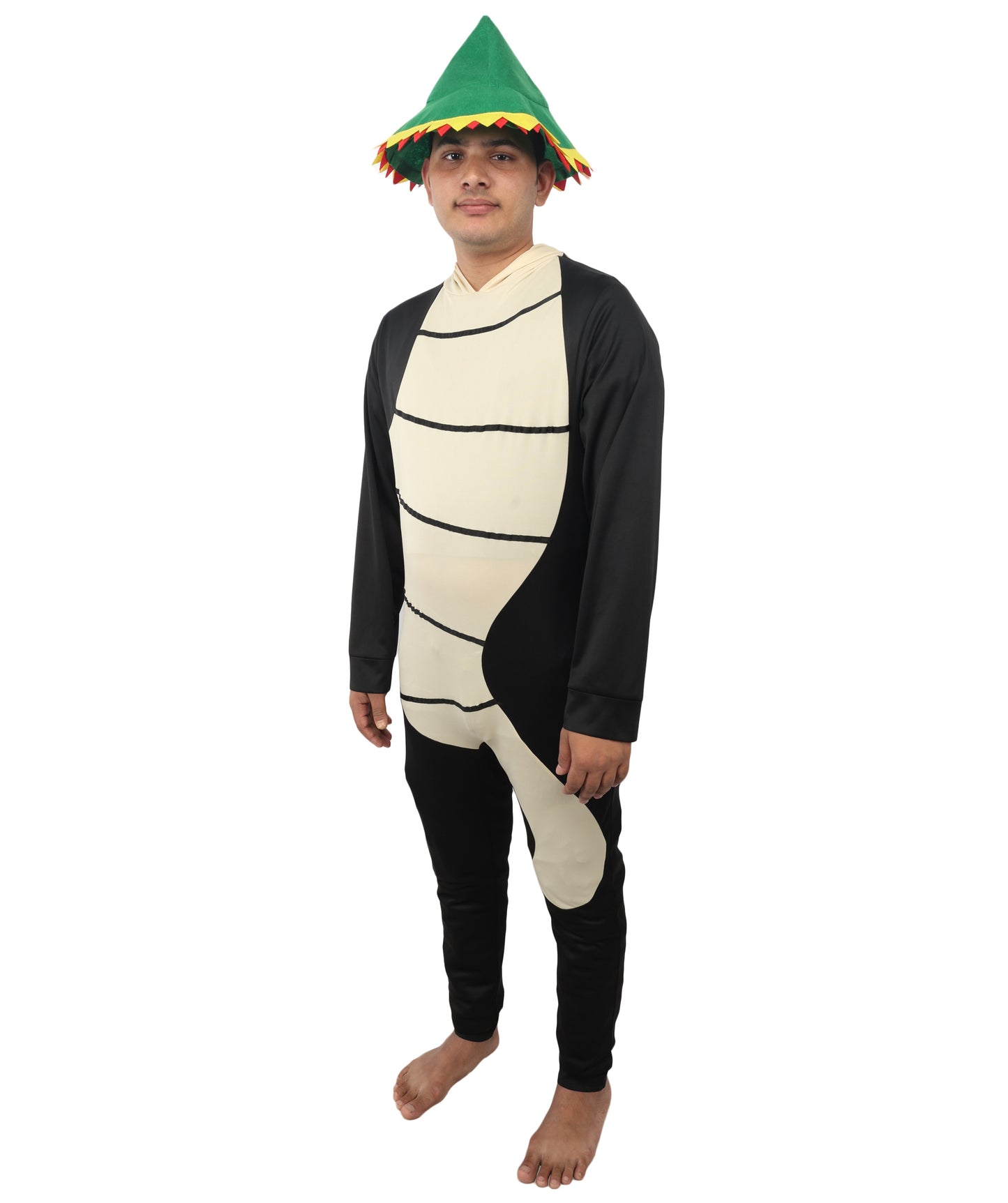 HPO Men's Funny Worm Costume – Black & Khaki Comedy Tunic with Curved Body Shape | Novelty Fancy Dress for Humorous Party Appearances