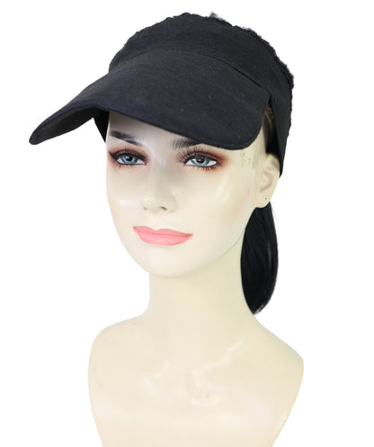 HPO Adult Women’s 16-Inch Synthetic Kinky Straight Ponytail Wig with Hat | Natural Black Fluffy Hair with Adjustable Straps | Ideal for Halloween | Breathable Capless Cap