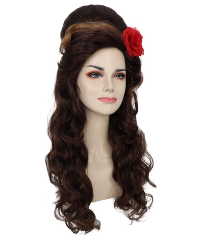 HPO Adult Womens Retro Brown Beehive Wig with Red Flower | 80s Vintage Glam Long Curly Hairpiece for Costume & Parties | Ideal for Halloween | Breathable Capless Cap