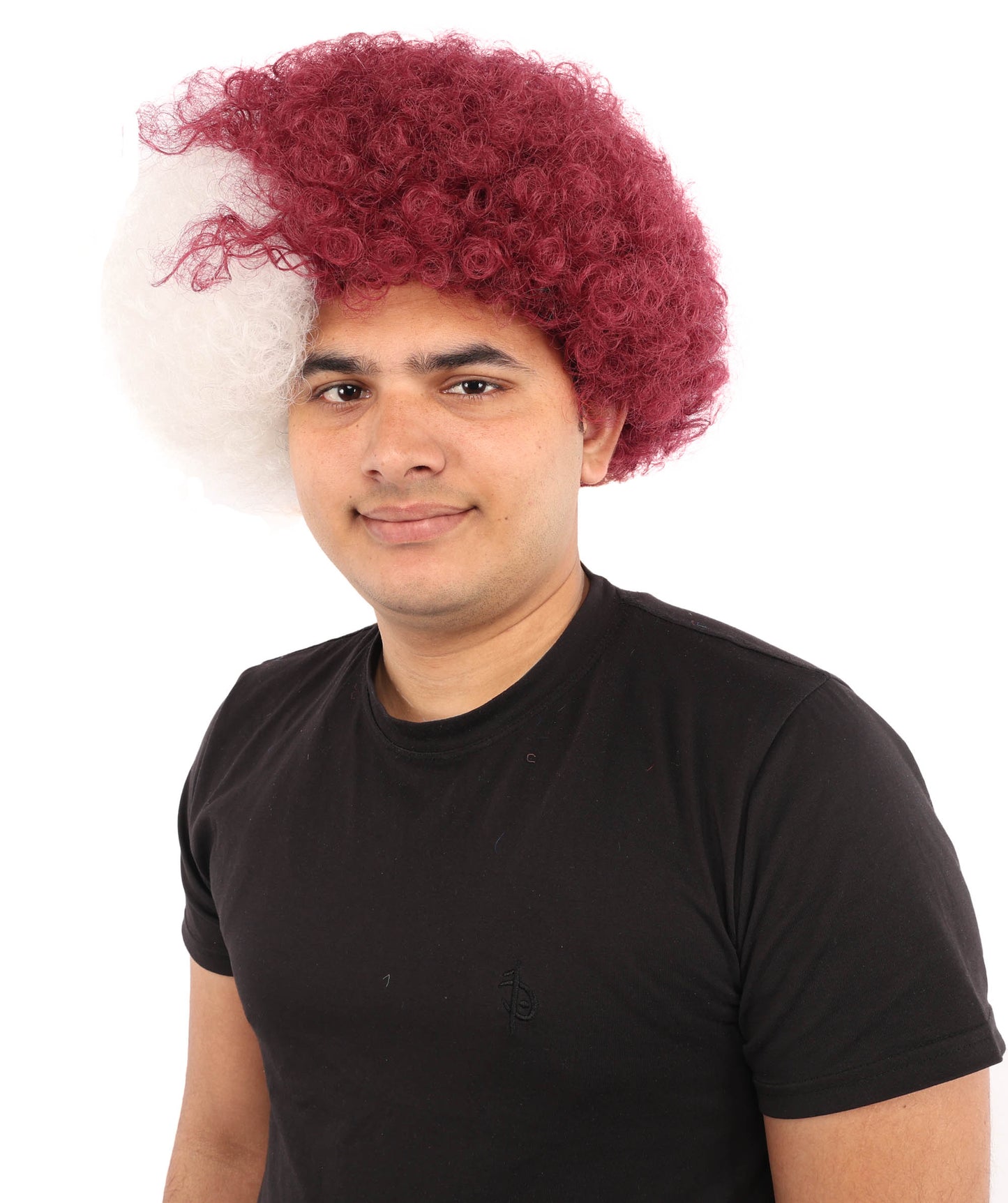 HPO Unisex Qatar Flag-Inspired Curly Maroon & White Sport Clown Wig – Voluminous Curl with Standard Cap | National Colors for Sports, Festivals & Cosplay