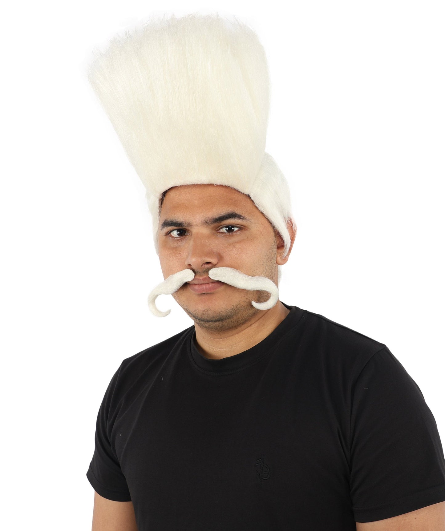HPO Adult Men's Tall Flat Top Wig and Mustache | Vertical Dark Pompadour with Long Handlebar Facial Hair, Synthetic Fiber & Breathable Net | Halloween, Carnival, Stage Performance & Roleplay