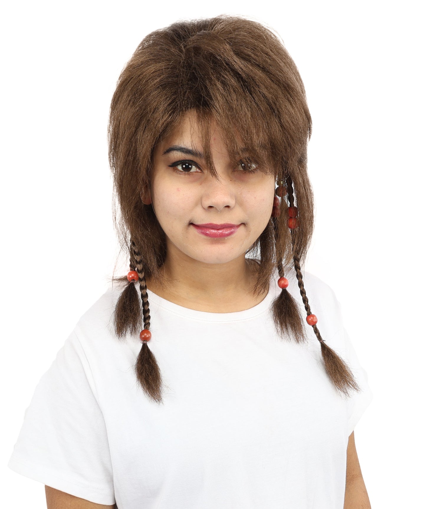 HPO Women's Long Tribal Braided Brown Wig | Dark Shaggy Bob with Beaded Strands, Synthetic Fiber & Breathable Cap | Halloween, Sci-Fi Roleplay, Fantasy Costume