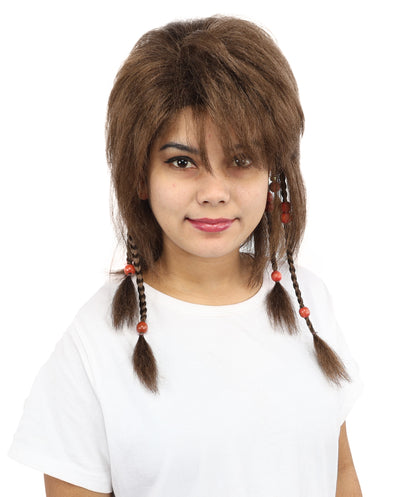 HPO Women's Long Tribal Braided Brown Wig | Dark Shaggy Bob with Beaded Strands, Synthetic Fiber & Breathable Cap | Halloween, Sci-Fi Roleplay, Fantasy Costume