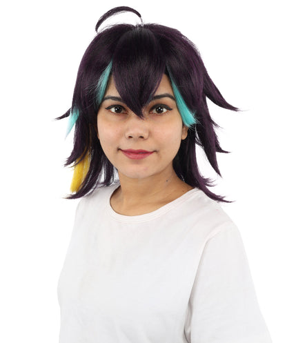 HPO Women's Medium Spiky Multicolor Color Wig | Dark Navy Synthetic Hair with Green Bangs and Amber Streaks | Halloween Roleplay and Video Game Character Style