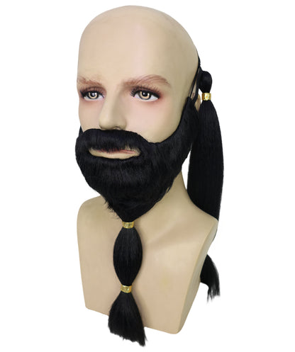 HPO Men's Theatrical Beard and Ponytail Wig Set | Black  full beard and long ponytail style | Ideal for party, Halloween, cosplay, theater, drag, performance, costume events