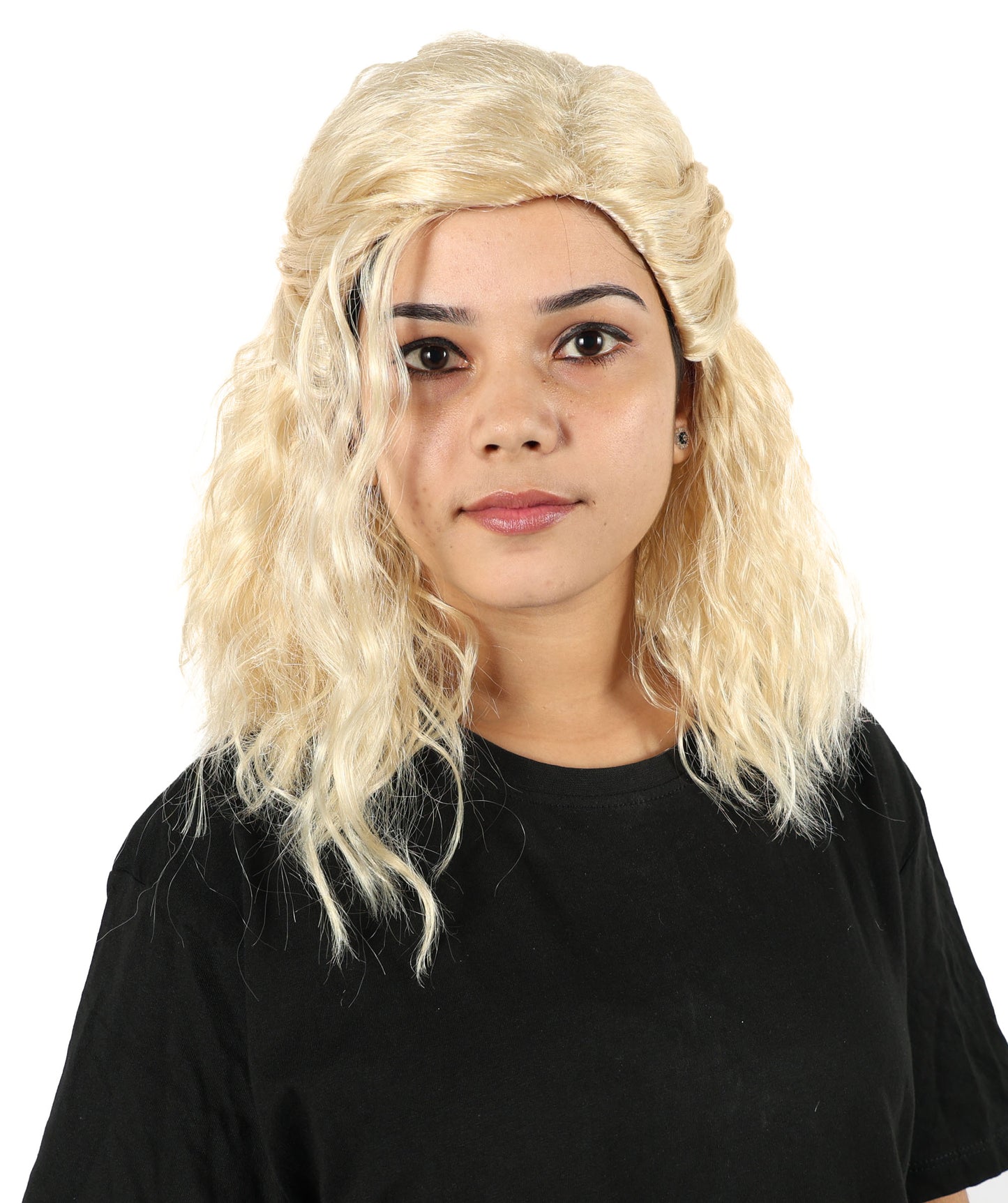 HPO Women’s Blonde Medium-Length Wavy Wig | Flame-Resistant Medium Wig | Lightweight & Natural Look suitable for Party and Halloween