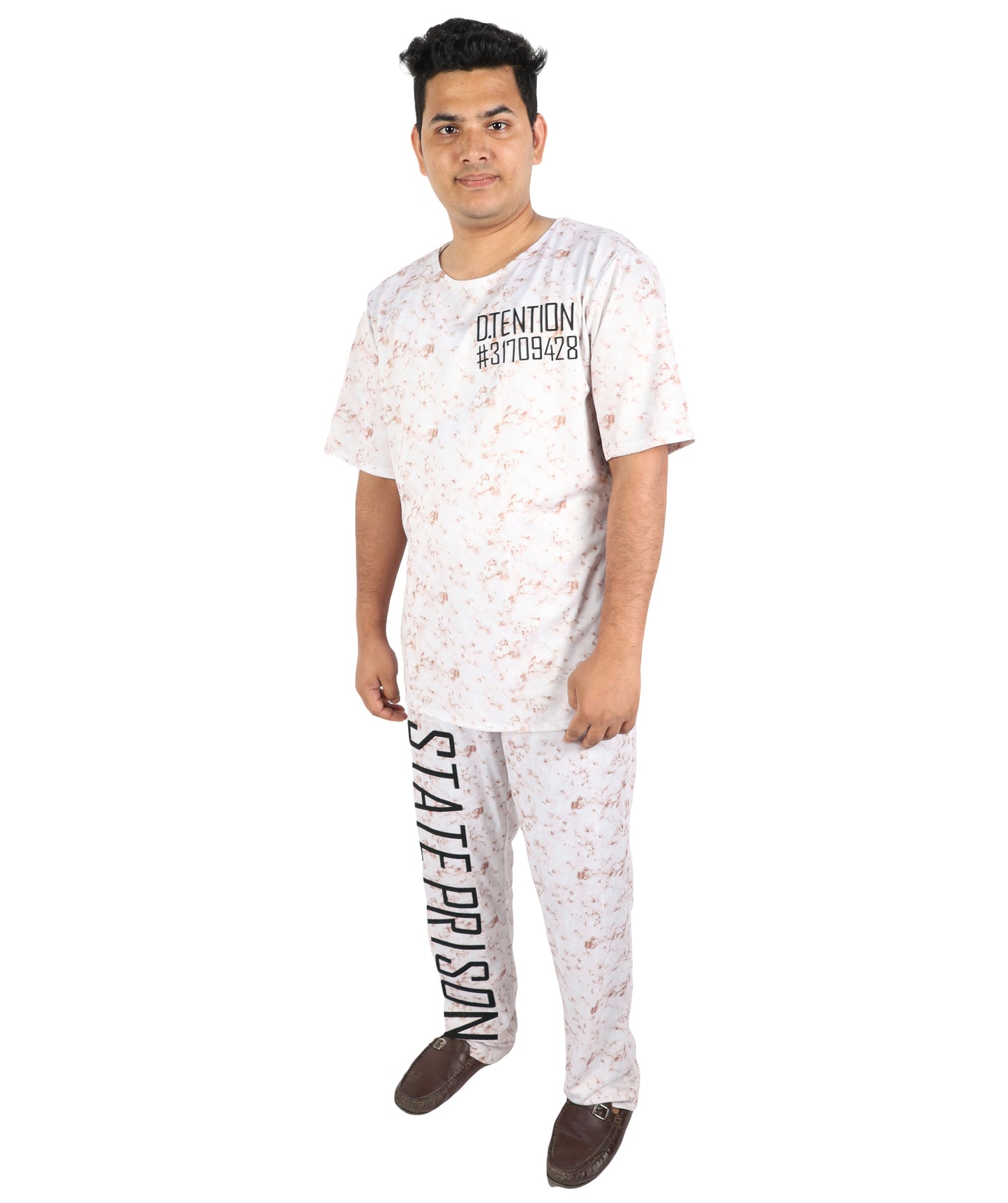 HPO Men's Asylum Inmate White Costume | Distressed State Penitentiary Jailbird Scrub Top and Trousers Combo | Halloween Horror Cosplay Theater Performance Wardrobe Piece