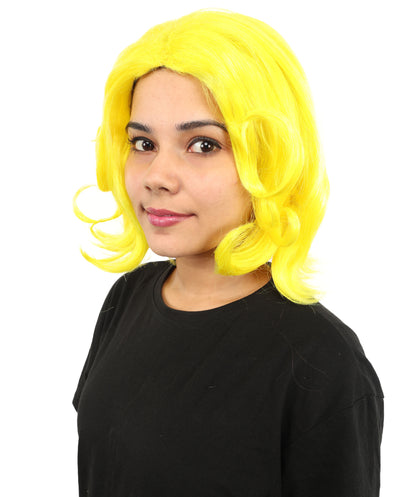 HPO Women's Wavy Bright Yellow Wig | Vibrant Synthetic Medium Hairstyle for Cosplay, Festivals, Stage Shows,  Parties & Photoshoots