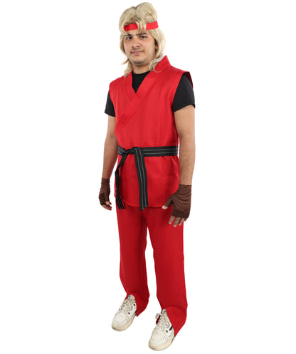 HPO Men Martial Arts Fighter Outfit | Red Gi Costume with Belt, Headband & Gloves, Body | Video Game Fighter costume For Cosplay & Themed Battle Events