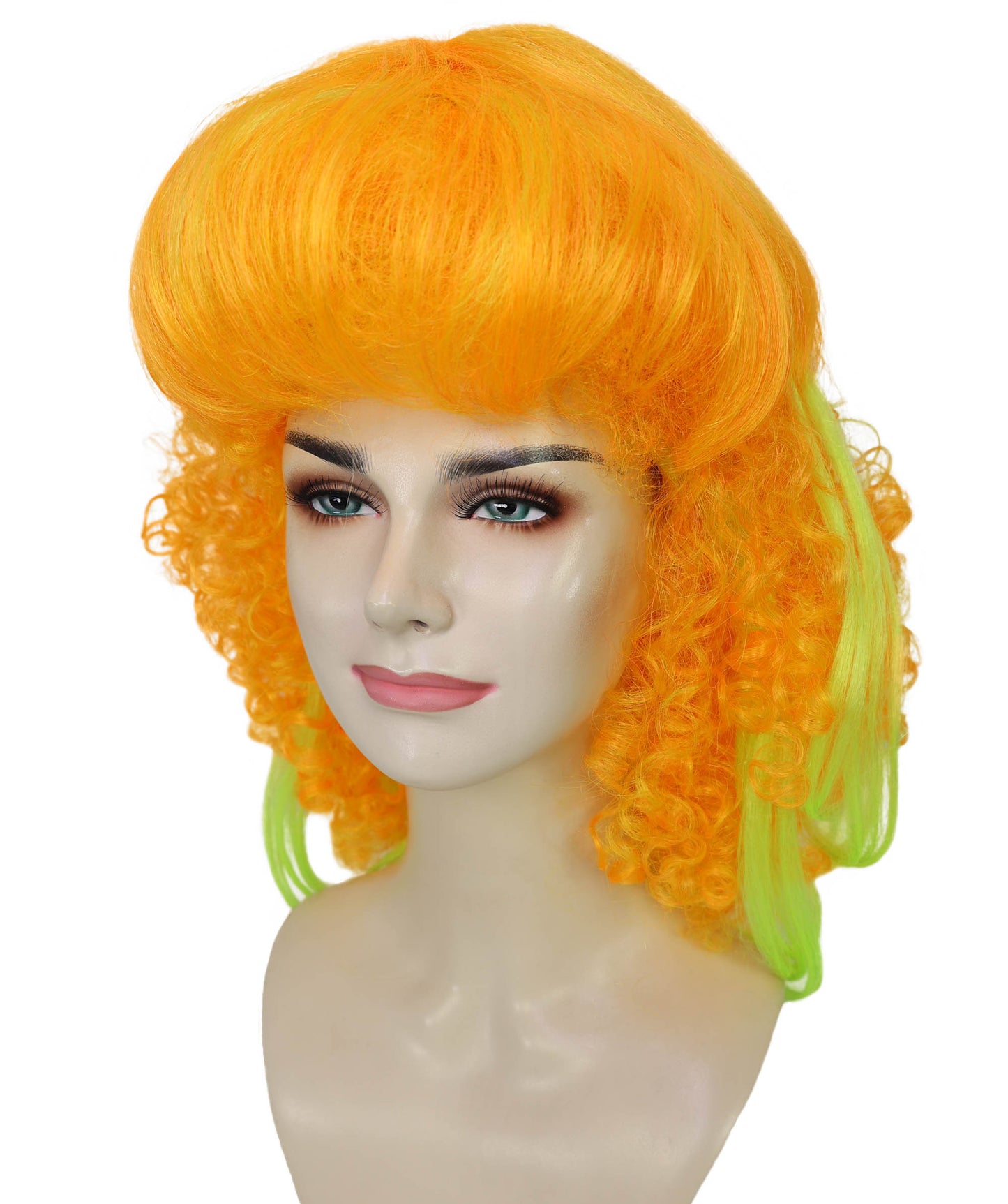 HPO Orange and Green Long Curly Wig for Women – Vibrant Gradient Party Wig with Bangs | Cosplay Fancy Dress Hairpiece for Halloween, Carnivals, Costume Events and Fun Nights