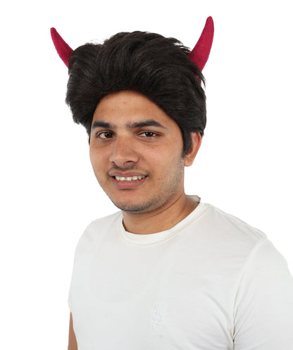 HPO Adult Men's Fantasy Demon Cosplay Wig with Horns | Spiky Dark Brown Synthetic Hairpiece | Adjustable Cap for Halloween, Parties, Stage & Roleplay